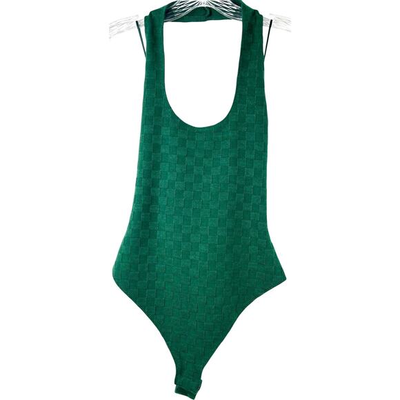 LE LIS Collection Women's Bodysuit Open Back Checkered Print Forest Green Size S - Picture 1 of 14